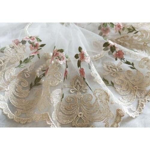 Gorgeous Gold Tulle Lace Trim Pink Flowers Embroidered Lace 7.87 Inches 2 Yards