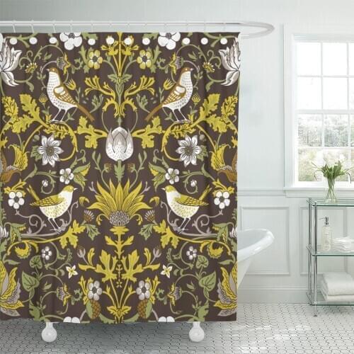 Pattern Vintage Magic Birds and Forest in Line Victorian Shower Curtain Waterproof Polyester Fabric 72 x 78 Inches Set with Hook
