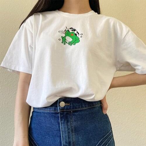 Cute Frog Chest Print Shirts For Female White Short Sleeve Casual Summer Top Round Neck Loose Ins Fashion Harajuku Women T shirt