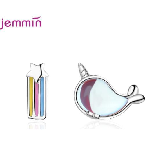Woman Girl Asymmetrical Stud Earring Fine 925 Sterling Silver Colorful Enameled Rainbow Star Whale Design Pendientes