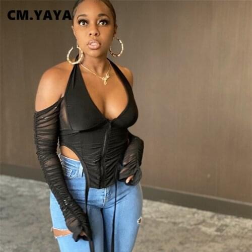 CM.YAYA aumutn winter womens Tops sexy solid long sleeve fold v-neck slim fit zipper T-Shirts