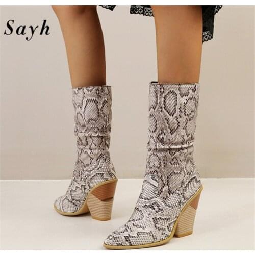 Female Winter PU Leather Cowboy Mid-Calf Boots Women Pointy Toe Shoes High Heel Booties Snake Print Luxury Botas Mujer