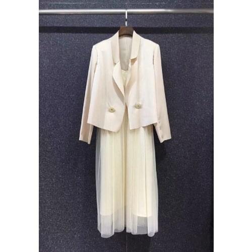 High Quality Blazer Sets 2021 Autumn Suit & Set Women Long Sleeve Blazer Suits+Mid-Calf Length Sexy Tulle Mesh Strap Dress Set