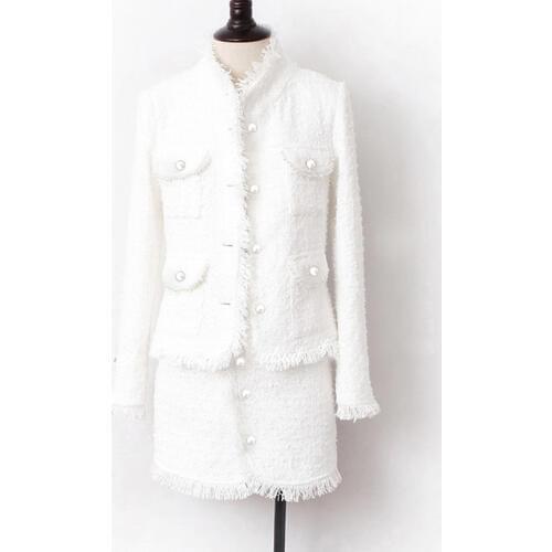 Tweed Jacket +skirt suit White Pearl inlaid pocket 2020 autumn /winter womens jacket 2 piece suit Burr ladies jacket coat