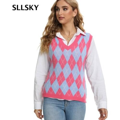 SLLSKY Vintage Argyle Knitted Vest Women Casual Plaid Pullover Tank V-Neck Sleeveless Spring Autumn ALL-match Sweater Vest Tops