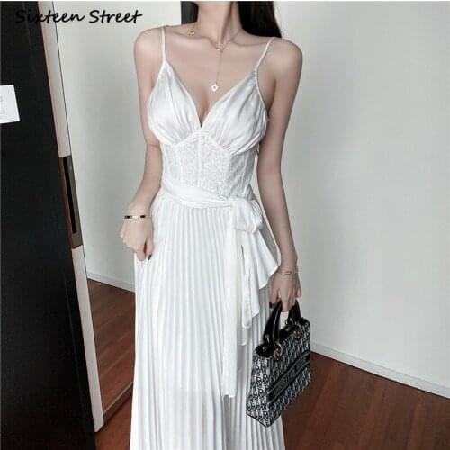 Sexy White Satin Evening Party Dresses Woman Summer V-neck High Waist Elegant Straped Dress Vestidos Sleeve Runway Maxi Dress