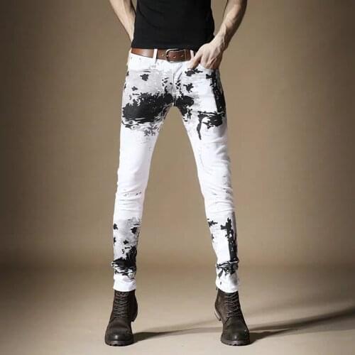 Free Shipping New simple mens casual trousers male White jeans street inkjet printed contrast color tie-dye Chinese style pants