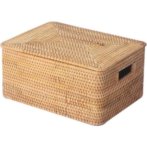 Natural rattan woven storage basket with cover household storage box desktop storage miscellaneous document sorting box