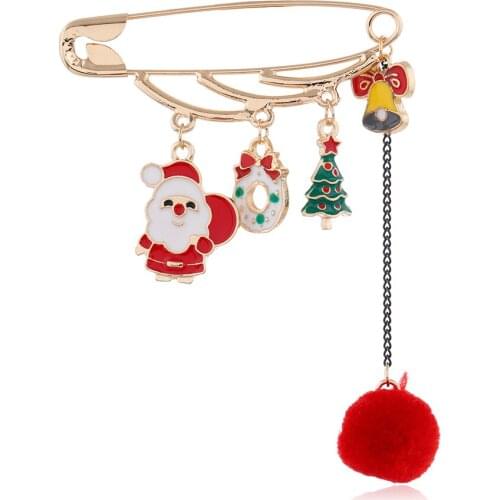 Big circle pin Christmas Decorative jewelry Brooches Chain hairball Christmas tree bells Santa Claus Snowman skates Badge gift