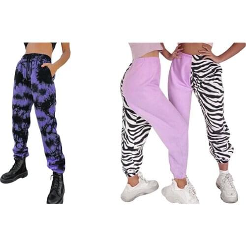 Tie-Dye Sweatpants Loose Drawstring Pants Purple Size M With Harajuku High Waist Pants Zebra Pattern Wide Leg Pants