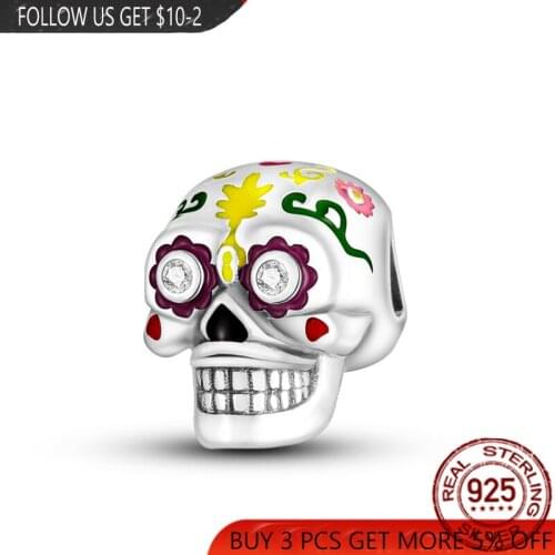 2021 NEW 925 Sterling Silver Painted Skull Beads Charms Fit Original Pandora Bracelet Bangle Making DIY Women Jewelry Gift