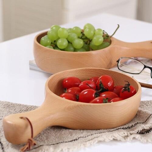 Wood Salad Bowl with Handle Fruit Sushi Ramen Bowl Pizza Dish Container Decoration Dinner Plate Kitchen Tools Accessories Stuff