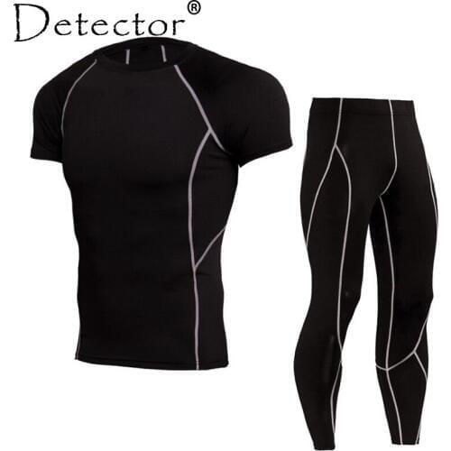 Detector Men Short Sleeves Shirts Leggings Sport Suit Compression Shirt Pants Set Workout Fitness Sportswear Bodybuilding Tights