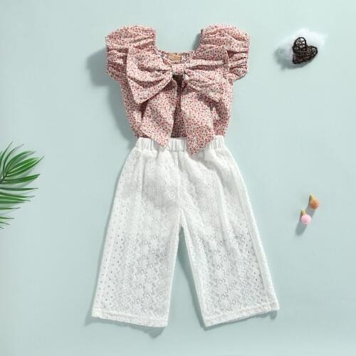 FOCUSNORM Summer Kids Girls Holiday Clothes Sets 1-6Y Floral Printed Big Bowknot T Shirts Tops Lace Long Pants 2pcs