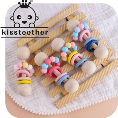 Kissteether 1pcs Beech Wood Baby Rattle Teether Silicone Beads Soother Teether Molar Toy Safe Musical Chew Montessori Toys