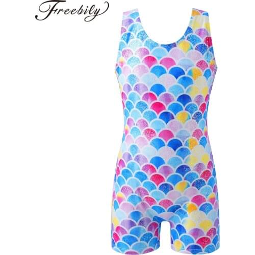 Kids Girls Ballet Dance Gymnastics Leotards Bodysuit Sleeveless Fish Scales Shell Print Jumpsuit Unitard Child Ballet Dancewear