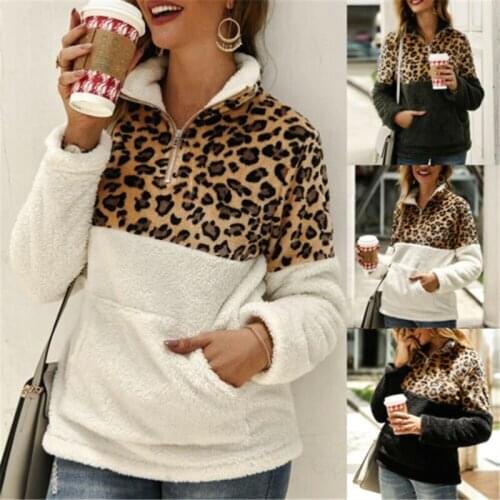 Fashion Womens Faux Fur Teddy Bear Fleece Coat Ladies Jacket Causal Leopard Hooded Sweatshirts