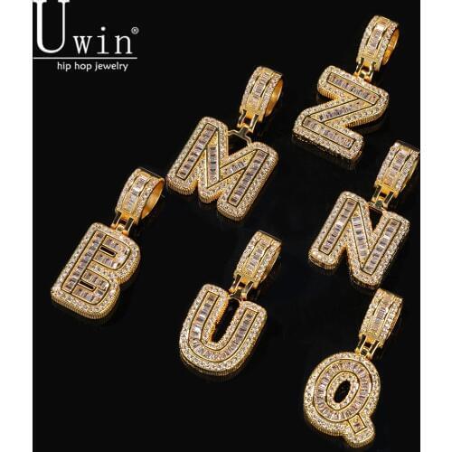 Uwin Cutsom Baguette Letters Small Name Necklaces&Pendant Cubic Zirconia Full Iced Out For Men HipHop Jewelry Gift