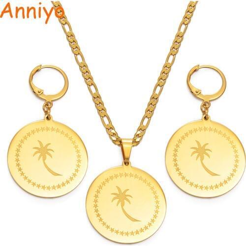 Anniyo Micronesia Chuuk Stainless Steel Pendant Necklace Earrings sets for Women Gold Color Jewelry Gift #046621