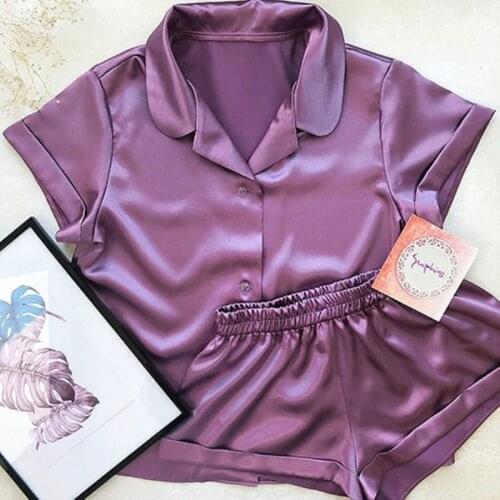 Imitation Silk Two-piece Pajamas Womens Solid Color Short-sleeved Shirt Shorts Summer Loose Ice Silk Casual Simplicity
