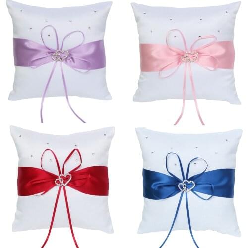 Ring Bearer Pillow Cushion 8 x8 Inch with Satin Ribbon 2 Heart Rhinestones for Rustic Bridal Wedding Shower Ceremony