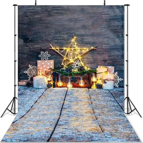 Christmas Photography Background Shiny Stars Light Bulb Wooden Floor Backdrop Decoration Props Printed Banner For Photo Studio