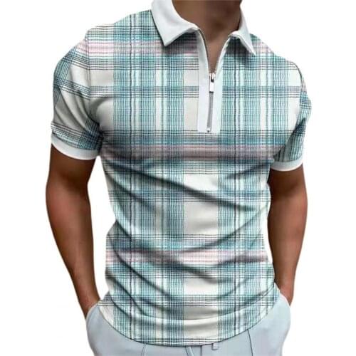 Summer Shirts Turn-down Collar Men T-shirt Plaid Print Thin Zipper Short Sleeve Summer Business Shirt Top 3XL рубашка