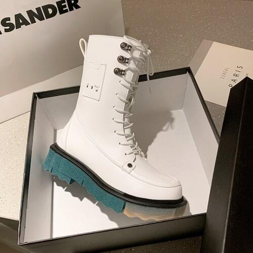 Shoes Women Motorcycle Boots Fashion Autumn Winter Wedge Warm Platform Shoes PU Leather Lace Up Casual Mid-Calf Boots Women 2022