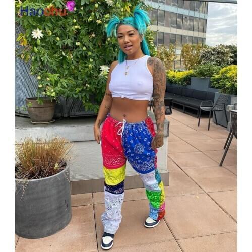 HAOOHU Bandanna Paisley Print Women Straight lace-up Pants High Waist Sportwear Joggers Trousers Sweatpants