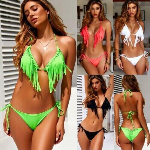 Women Push-up Soft Bra Bandage Bikini Set Swimsuit Tassel Swimwear Bathing UK