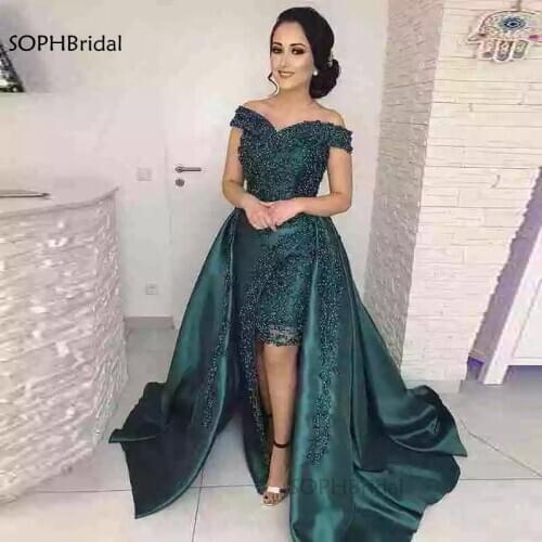 New Arrival V-Neck Evening Dress 2021 Gorgeous Pearls Arabic Style Emerald Green Formal Women Evening Gowns Robe de Soiree