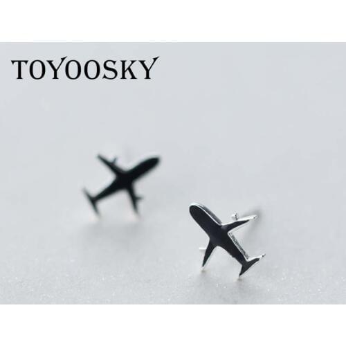 1pair Real. 925 Sterling Silver Black Enamel Plane Aircraft Airplane Stud Earrings for Fashion Girls EAR JEWELRY