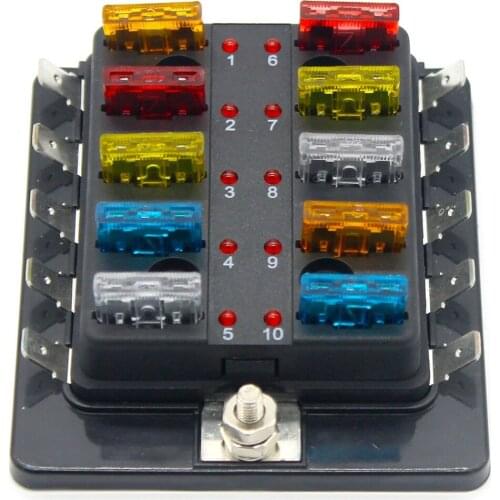 DC 12-32V 10 Way Terminals Circuit Car Boat Auto Blade ATY Fuse Block LED Illuminated Warning ATC Fuse and Spade Terminals