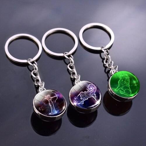 12 Constellation Glass Ball Keychains Glow In The Dark Key Chain Exquisite Luminous Keyring Holder Pendant Men Women Small Gift