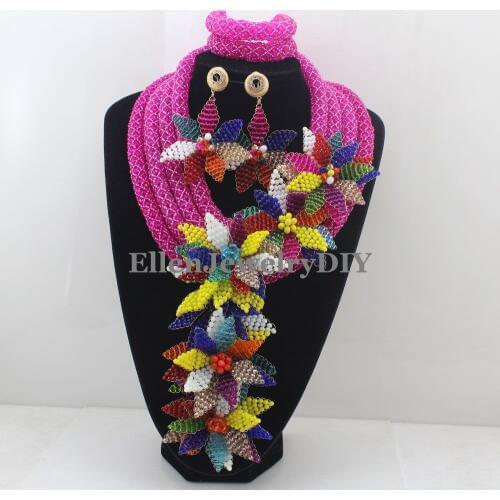 2019 Luxury African beads jewelry sets india nigerian flower beads beaded wedding bridal necklace dubai jewelry sets W12892
