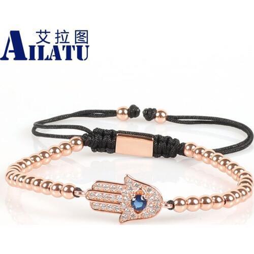 Ailatu Brand Jewelry Micro Pave Cz Hamsa Hand Charm with 4mm Copper Beads Braiding Bracelets with Macrame