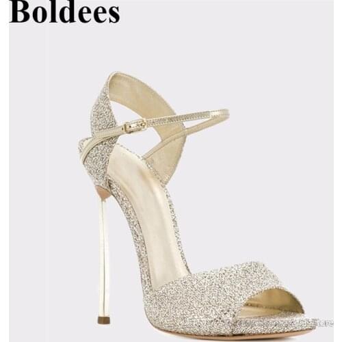 Sexy Blade Heeled European Golden Silver Bling Thin High Heel Sandals Woman Metal Heels Crystal Open Toe Party Dress Shoes