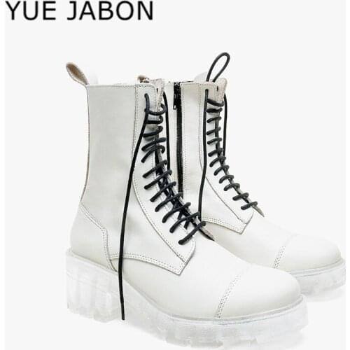 Ankle Boots Women High Platform Thick Heels Chunky for Platform Boots Flat Shoes Autumn Punk Genuine Leather Motorcycle Boat