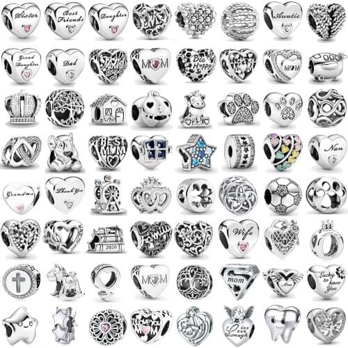 100% 925 Sterling Silver Mom Sister Family Tree Crown Unicorn Beads Fit Original Pandora Charms Bracelets DIY Women Jewelry