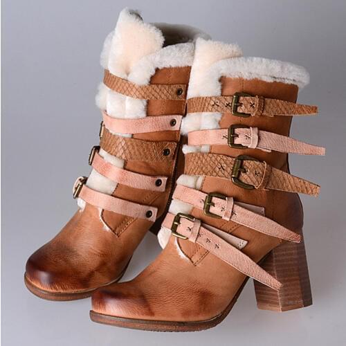 Choudory Chaussure Femme High Heels Western Winter Combat Cowboy Boots Pink Brown Colors Sheep Fur Ankle Boots Leather Stockings