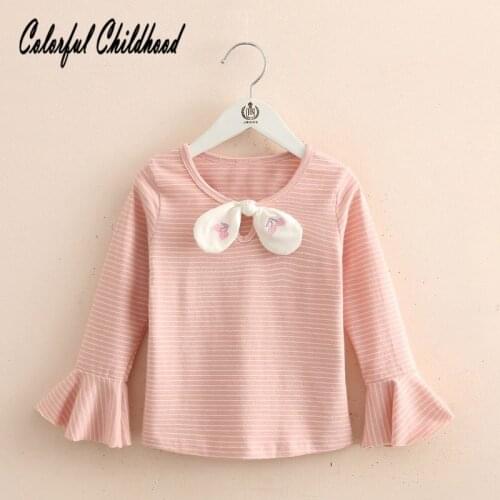 Baby Girls T-shirt 2018 New Round Collar Bowknot Decoration Hornsleeve Shirt Infant Toddler Kid Autumn Joker Tops Kid Clothes