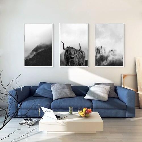 Highland Cow Print and Poster Farm Animal Wall Art Forest Landscape Canvas Painting Black White Pictures Farmhouse Kitchen Decor