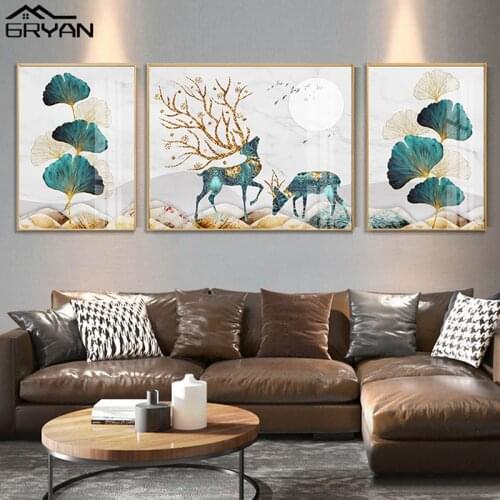 Ginkgo Biloba Leaves Wall Art Canvas Poster Botanical Plant Print Painting Nordic Deer Animal Abstract Picture Nature Home Decor