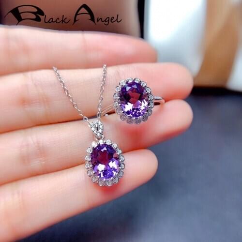 BLACK ANGEL 925 Silver Luxury Lab Created Elegant Amethyst Purple Gemstone Resizable Ring Necklace For Women Wedding Jewelry Set