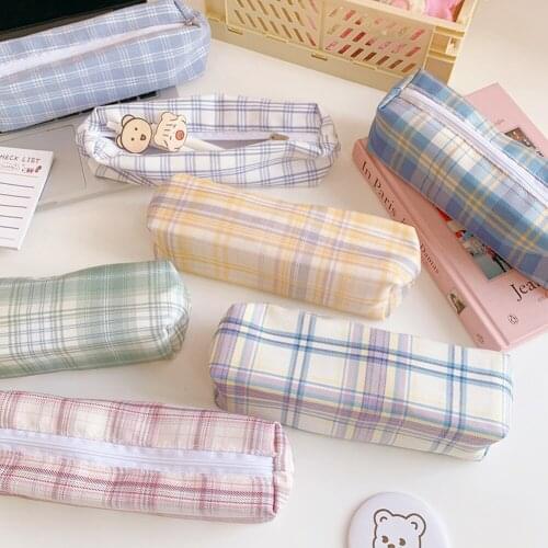 Sweet Lovely Plaid Pattern Pencil Case Kawaii Funny Cartoon Large Capacity Pencil Bag Students School Supplies Stationery