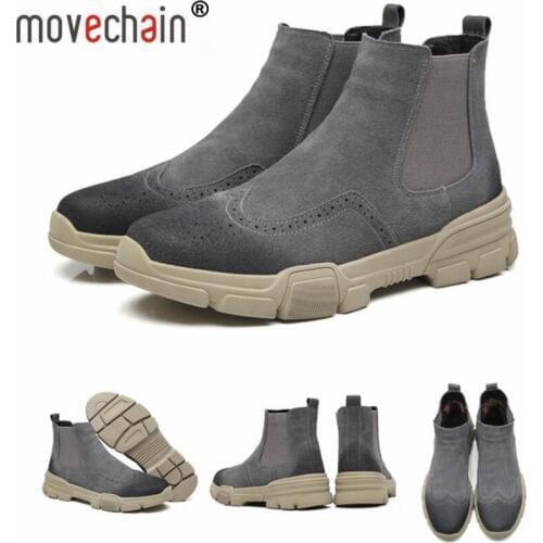 Movechain Mens Suede Leather Slip-On Martin Ankle Boots Winter Man Chelsea Boot Mens Casual Outdoor Vintage Carved Brogue Shoes