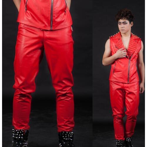 Stage personality high quality men leather pants motorcycle pant men feet trousers singer dance rock fashion pantalon homme red
