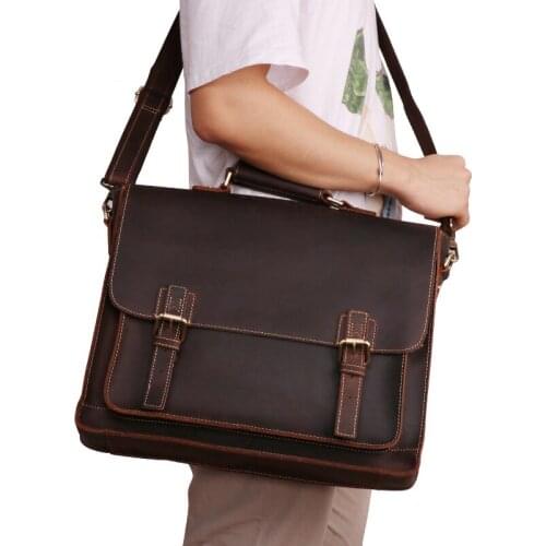 Genuine Leather Men briefcase business retro handbag 156 inch computer bag male crazy horse leather multifunctional men bag Blue