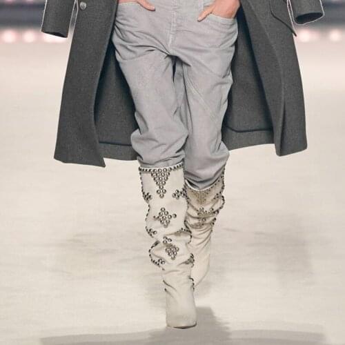 New Catwalk Metal Rivets Embellished Spike heel Short Boots Suede Leather Patchwork Woman Pointed Toe Winter Fall Fashion Boots