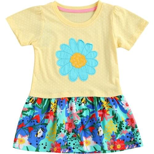 Toddler Kids Dress Casual Cotton Flower Print Round Neck Short Sleeve One-Piece Princess Dresses for Summer Yellow 2-7 Years